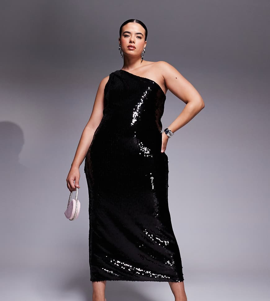 ASOS DESIGN Curve - Durchsichtiges Midikleid in Schwarz mit Pailletten und One-Shoulder-Träger ASOS DESIGN Curve - Durchsichtiges Midikleid in Schwarz mit Pailletten und One-Shoulder-Träger von ASOS Curve