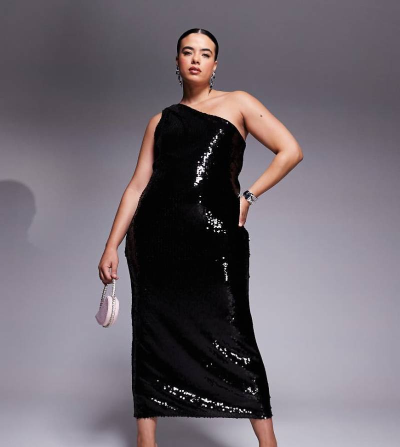 ASOS DESIGN Curve - Durchsichtiges Midikleid in Schwarz mit Pailletten und One-Shoulder-Träger von ASOS Curve