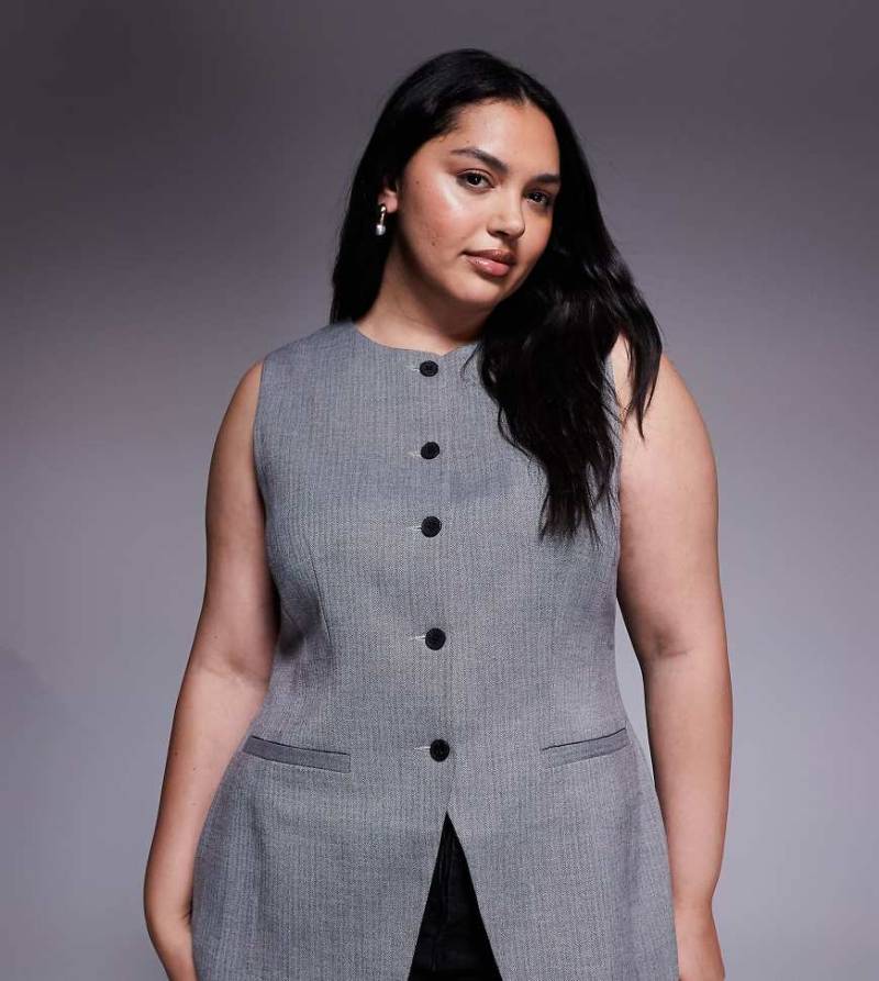 ASOS DESIGN Curve - Elegante, hochgeschlossene Weste mit Fischgrätmuster in Schwarz-Weiß und geformter Taillenpartie-Bunt von ASOS Curve
