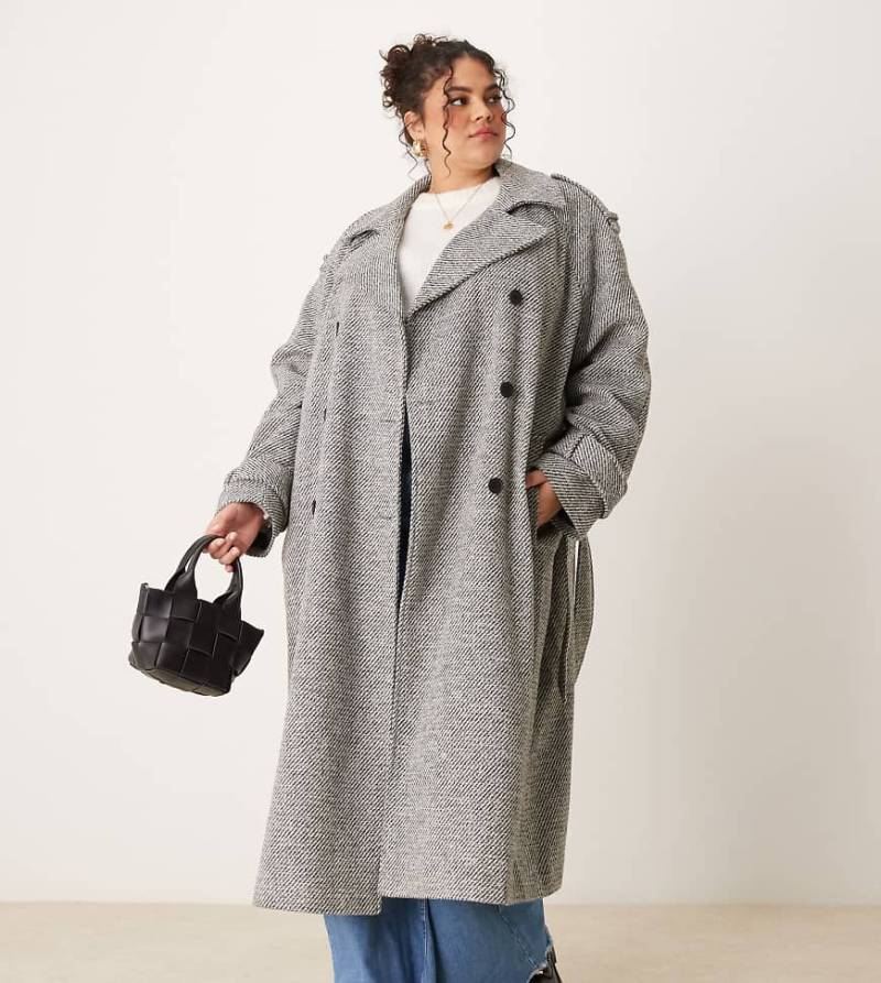ASOS DESIGN Curve - Formeller Trenchcoat mit Salz-und-Pfeffer-Muster-Schwarz von ASOS Curve