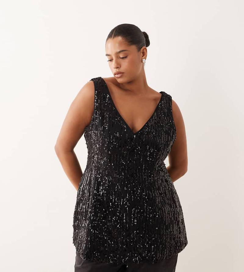 ASOS DESIGN Curve - Elegantes, tailliertes Schößchenoberteil in Schwarz mit V-Ausschnitt und Paillettenbesatz von ASOS Curve