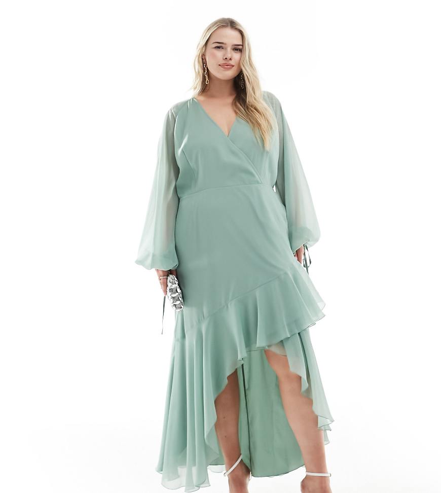 ASOS DESIGN Curve - Exklusiv - Langärmliges Midi-Wickelkleid in Grün aus Chiffon von ASOS Curve