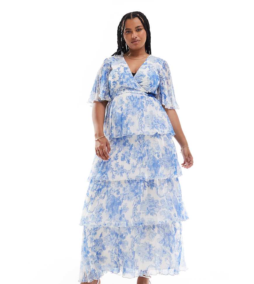 ASOS DESIGN Curve - Exklusiv - Plissee-Maxikleid mit blauem Blumenmuster, Kimonoärmeln und Stufenrock-Bunt von ASOS Curve