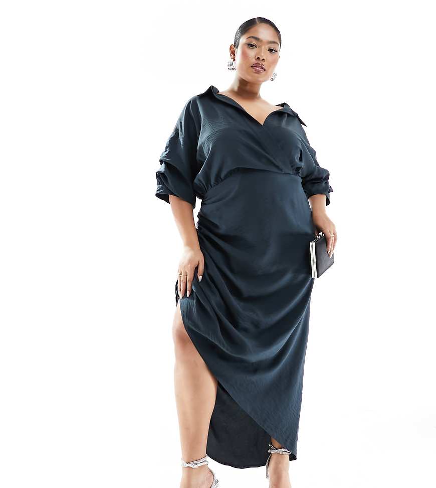 ASOS DESIGN Curve - Exklusives, strukturiertes Midaxi-Hemdkleid in Anthrazit-Grau mit gerafftem Rock von ASOS Curve