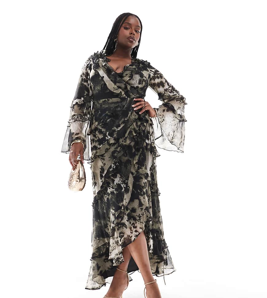 ASOS DESIGN Curve - Exklusives Midikleid mit abstraktem Muster in Schwarz-Weiß, Rüschen und nach hinten abfallendem Saum-Bunt ASOS DESIGN Curve - Exklusives Midikleid mit abstraktem Muster in Schwarz-Weiß, Rüschen und nach hinten abfallendem Saum-Bunt von ASOS Curve