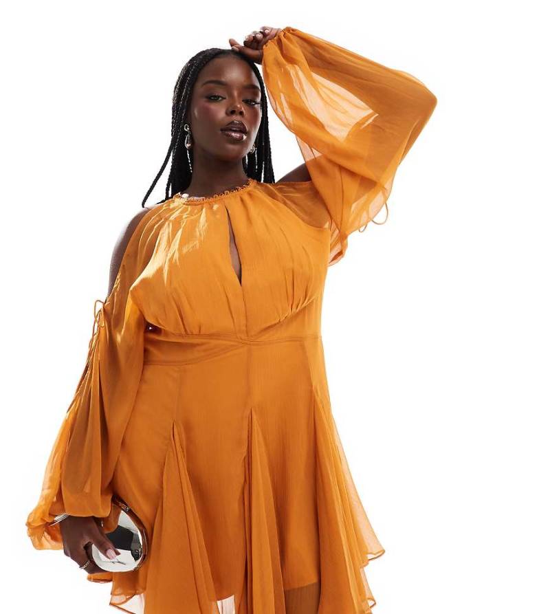ASOS DESIGN Curve - Exklusives Minikleid in gebranntem Orange mit Einsatz und geschlitzter Vorderseite-Gelb von ASOS Curve
