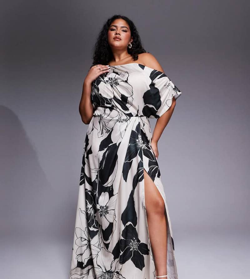 ASOS DESIGN Curve - Exklusives Satin-Maxikleid mit schwarz-weißem Blumenmuster, abfallender Schulterpartie und seitlichem Schlitz-Bunt von ASOS Curve