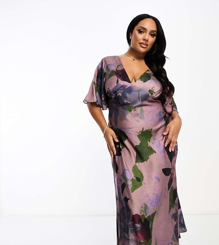 ASOS DESIGN Curve - Exklusives Satin-Midikleid mit Flatterärmeln und Blumenmuster in Flieder-Bunt von ASOS Curve