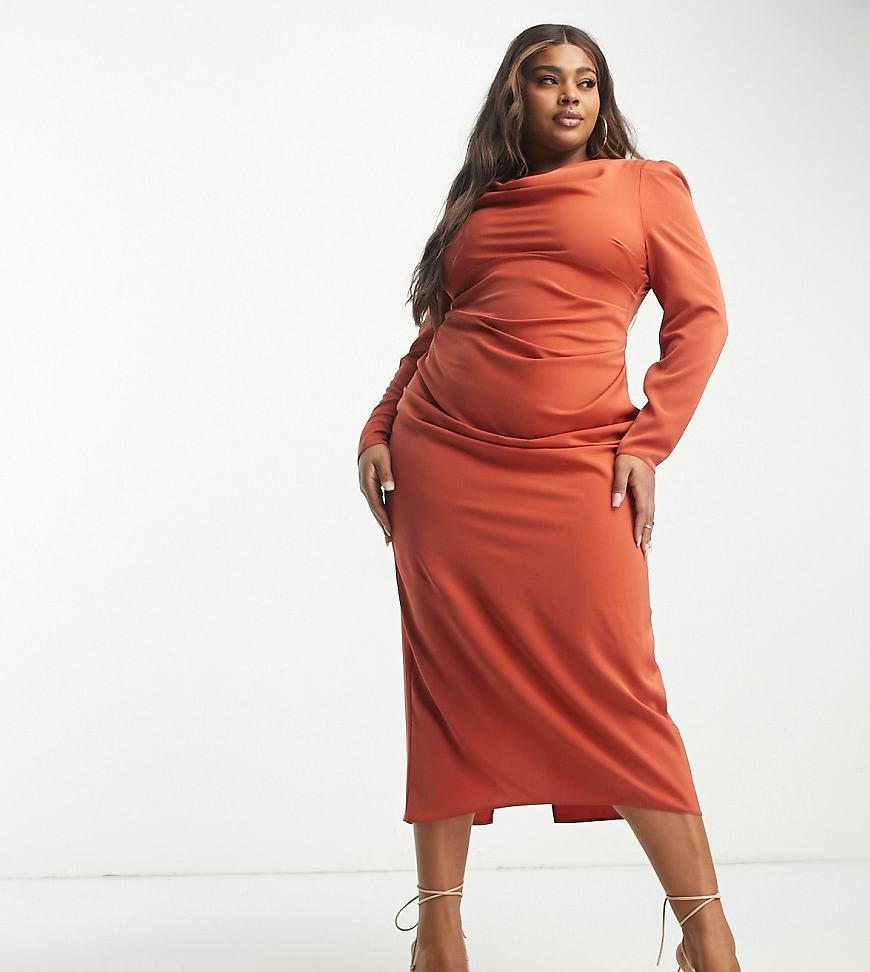 ASOS DESIGN Curve - Figurbetontes Midikleid in Rostrot mit drapierter Schulterpartie-Braun von ASOS Curve