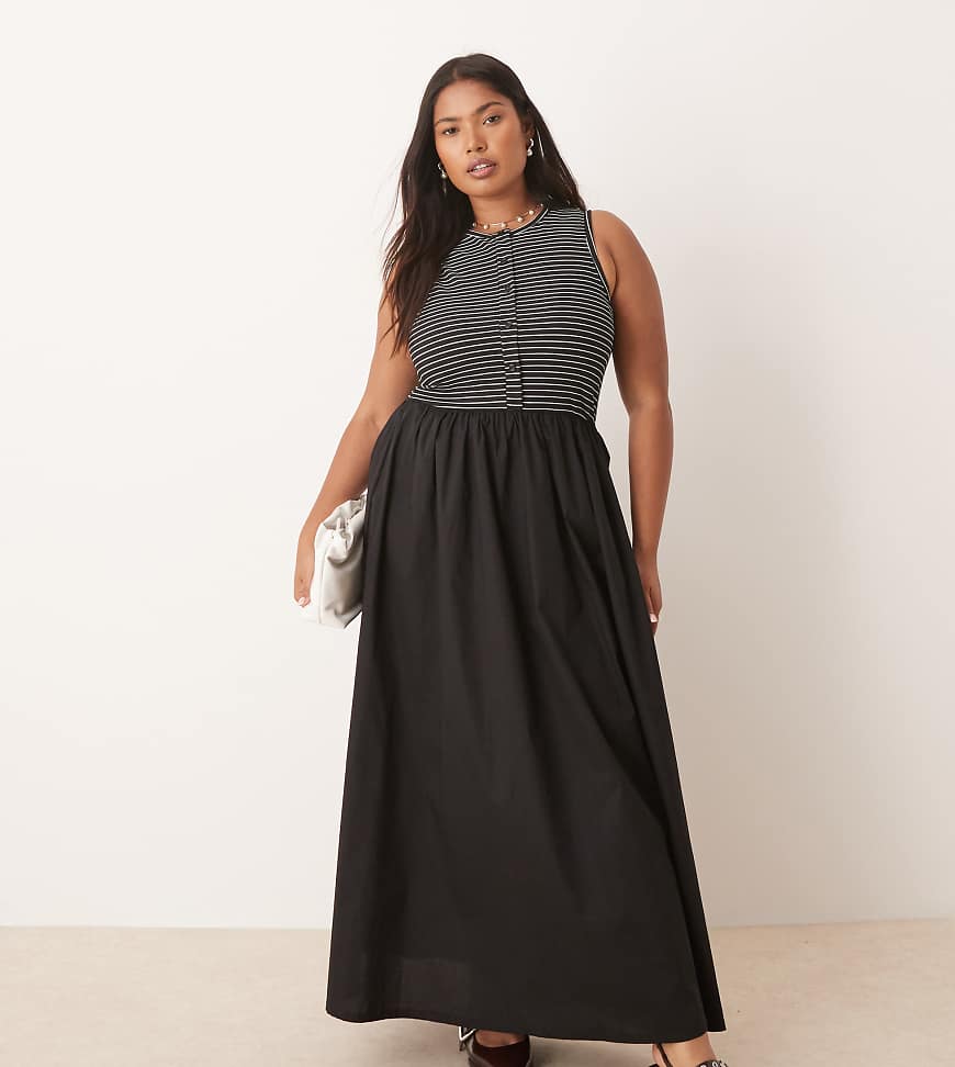 ASOS DESIGN Curve - Geknöpftes, gestreiftes Midikleid in Schwarz-Weiß mit Popeline-Rock und Ringerrücken-Bunt von ASOS Curve