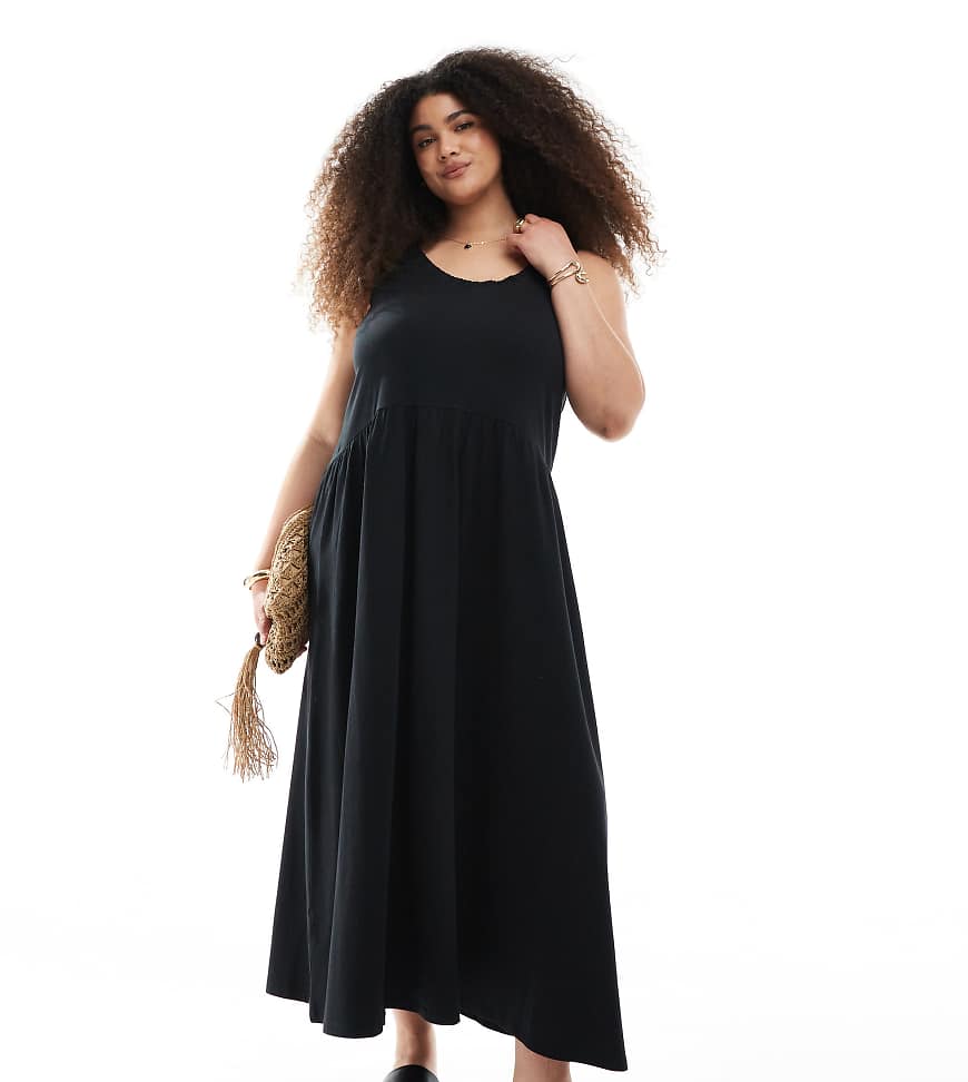 ASOS DESIGN Curve - Gerafftes Hänger-Midikleid in Schwarz mit tiefem Ausschnitt ASOS DESIGN Curve - Gerafftes Hänger-Midikleid in Schwarz mit tiefem Ausschnitt von ASOS Curve