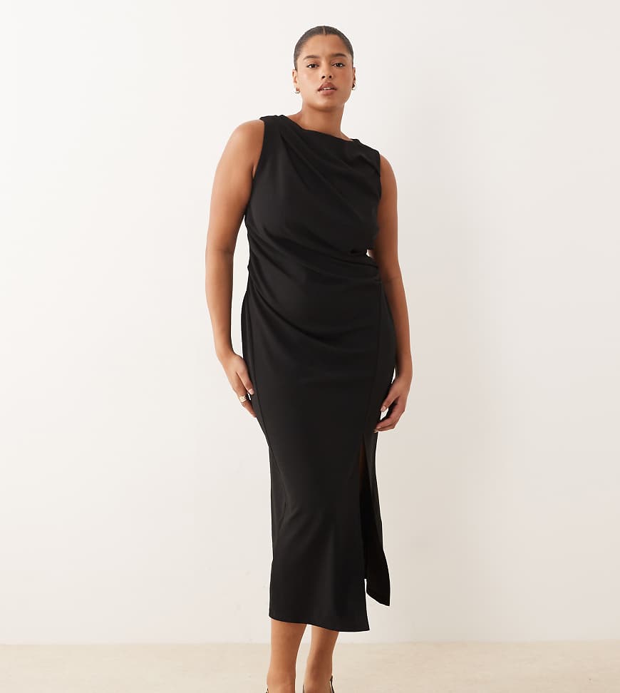 ASOS DESIGN Curve - Gerafftes Midikleid in Schwarz mit U-Boot-Ausschnitt von ASOS Curve