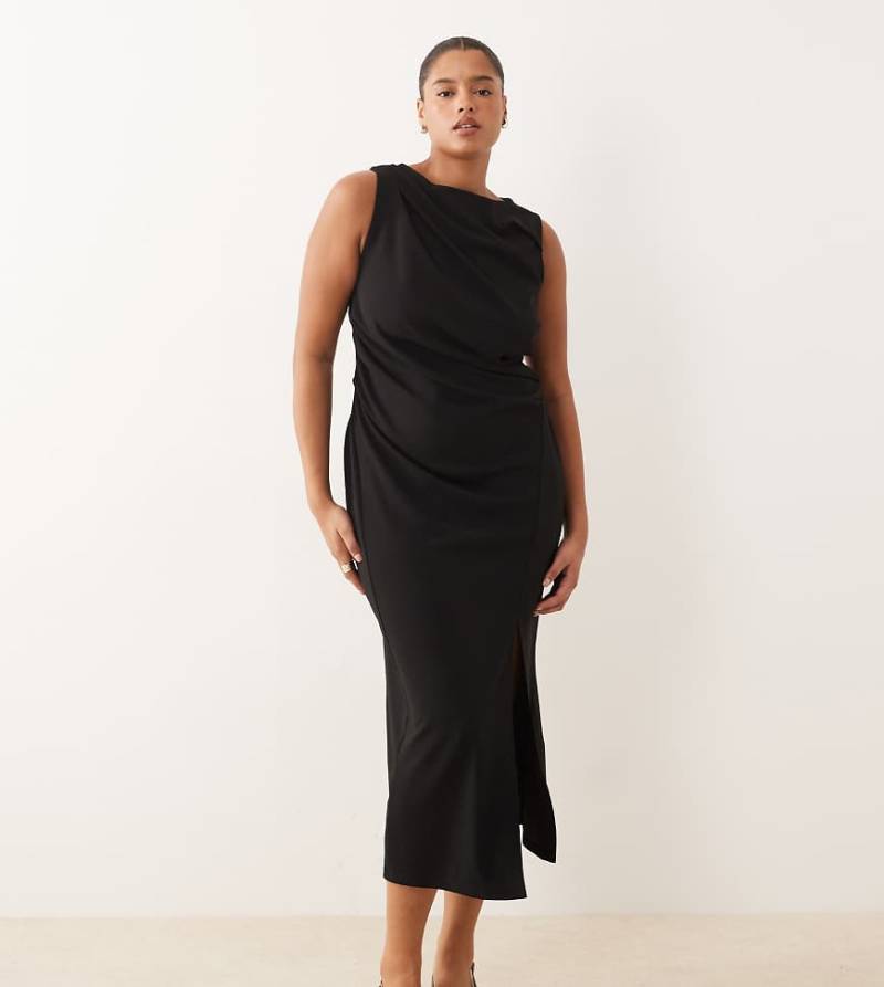 ASOS DESIGN Curve - Gerafftes Midikleid in Schwarz mit U-Boot-Ausschnitt von ASOS Curve