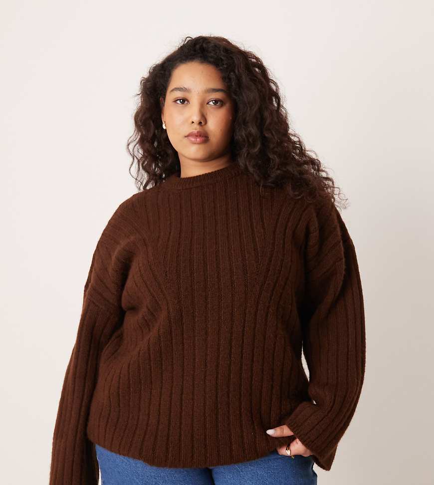 ASOS DESIGN Curve - Gerippter Longline-Pullover in Schokobraun mit Rundhalsausschnitt-Brown von ASOS Curve
