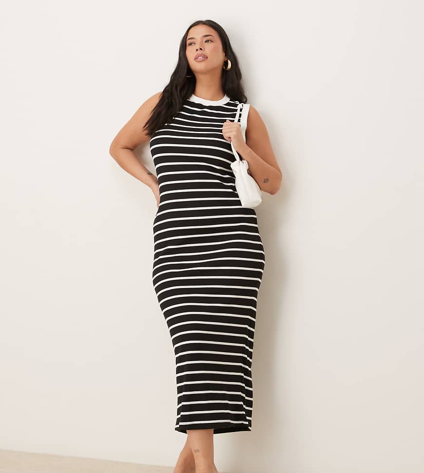 ASOS DESIGN Curve - Geripptes, hochgeschlossenes Midi-Tanktop-Kleid im 90er-Stil mit Streifen in Schwarz-Weiß-Bunt ASOS DESIGN Curve - Geripptes, hochgeschlossenes Midi-Tanktop-Kleid im 90er-Stil mit Streifen in Schwarz-Weiß-Bunt von ASOS Curve