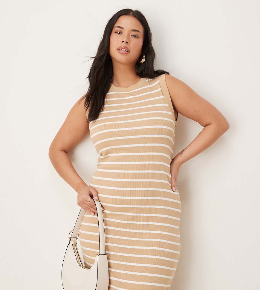 ASOS DESIGN Curve - Geripptes mittellanges Tanktop-Kleid im 90er-Stil mit Streifen in neutraler Farbe-Bunt ASOS DESIGN Curve - Geripptes mittellanges Tanktop-Kleid im 90er-Stil mit Streifen in neutraler Farbe-Bunt von ASOS Curve