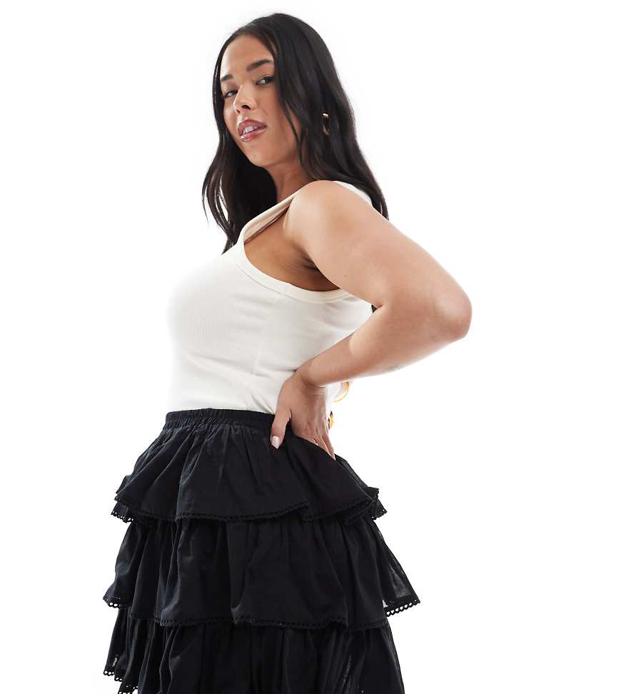 ASOS DESIGN Curve - Gerüschter Minirock in Schwarz mit Spitzenbesatz von ASOS Curve