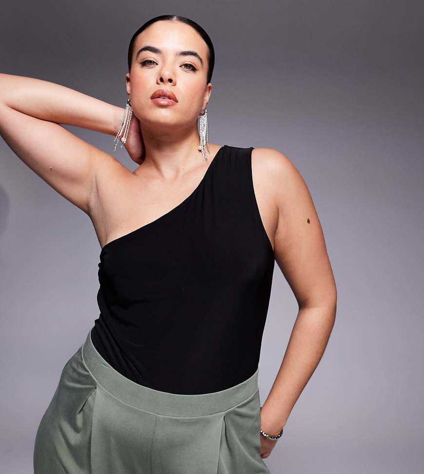 ASOS DESIGN Curve - Geschmeidiger, zweilagiger Body mit One-Shoulder-Träger-Schwarz von ASOS Curve