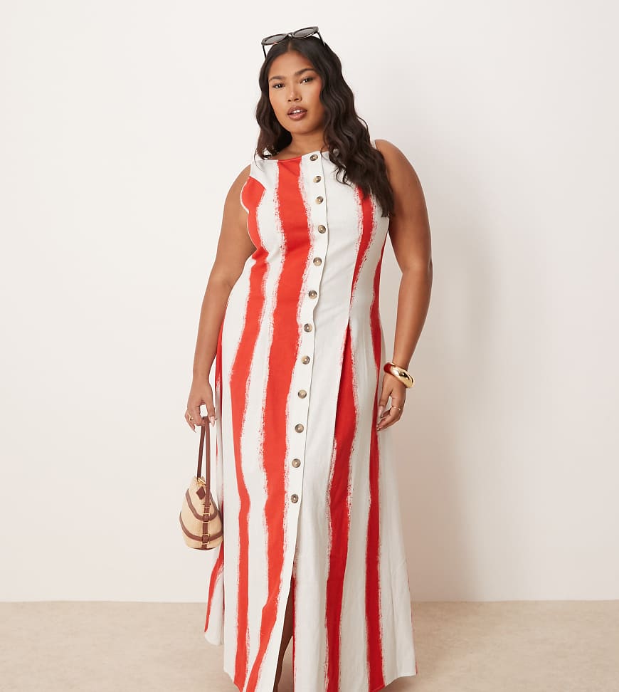 ASOS DESIGN Curve - Gestreiftes Maxi-Westenkleid mit Knopfleiste und U-Boot-Ausschnitt-Bunt ASOS DESIGN Curve - Gestreiftes Maxi-Westenkleid mit Knopfleiste und U-Boot-Ausschnitt-Bunt von ASOS Curve