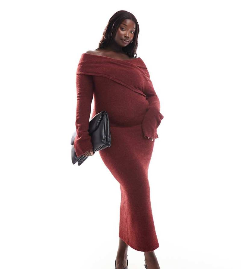 ASOS DESIGN Curve - Gestricktes Midikleid in Burgunderrot mit Bardot-Wickeldetail von ASOS Curve
