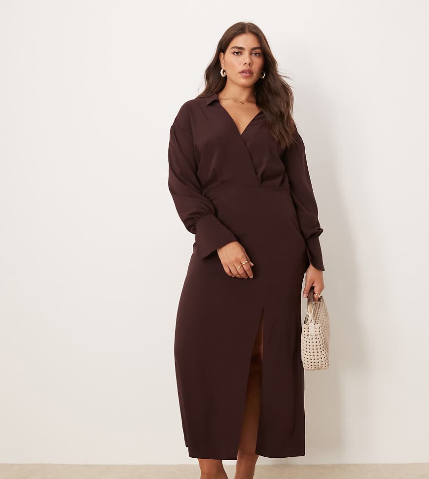 ASOS DESIGN Curve - Gewickeltes Midi-Hemdblusenkleid in Schokobraun mit Ziernaht ASOS DESIGN Curve - Gewickeltes Midi-Hemdblusenkleid in Schokobraun mit Ziernaht von ASOS Curve