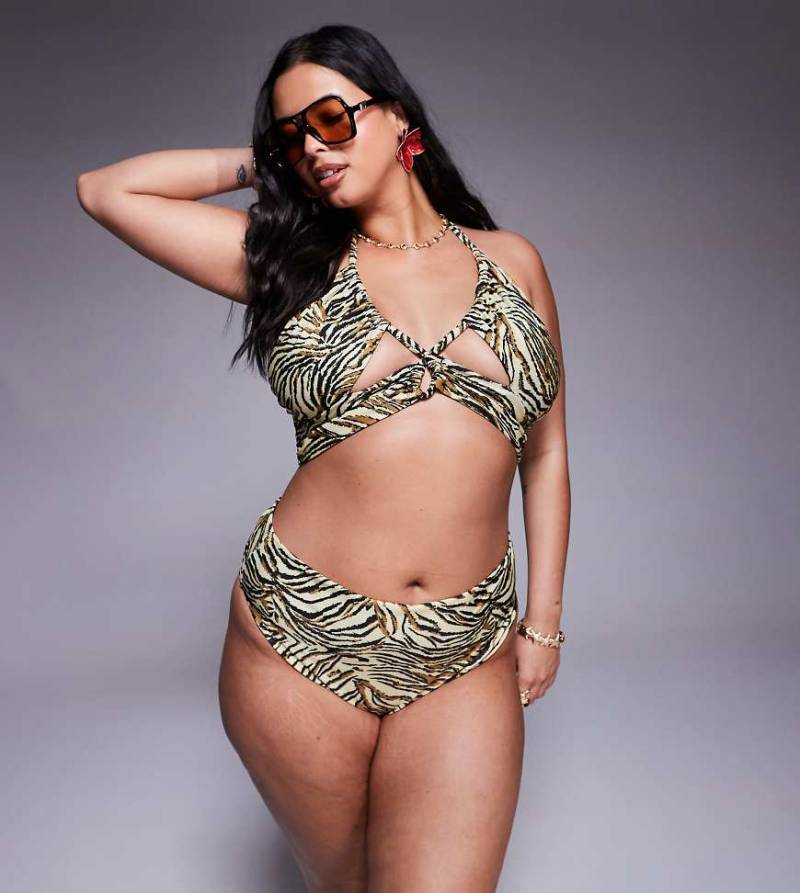 ASOS DESIGN Curve - Gia - Bikinihose mit Animal-Print, hohem Beinausschnitt und hohem Bund-Bunt von ASOS Curve