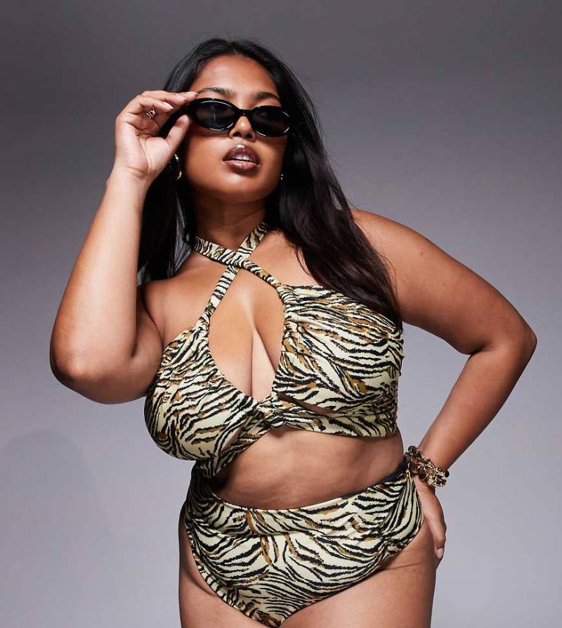 ASOS DESIGN Curve - Gia - Bikinioberteil mit Animal-Print, Schlüsselloch-Detail und überkreuztem Ausschnitt-Bunt von ASOS Curve