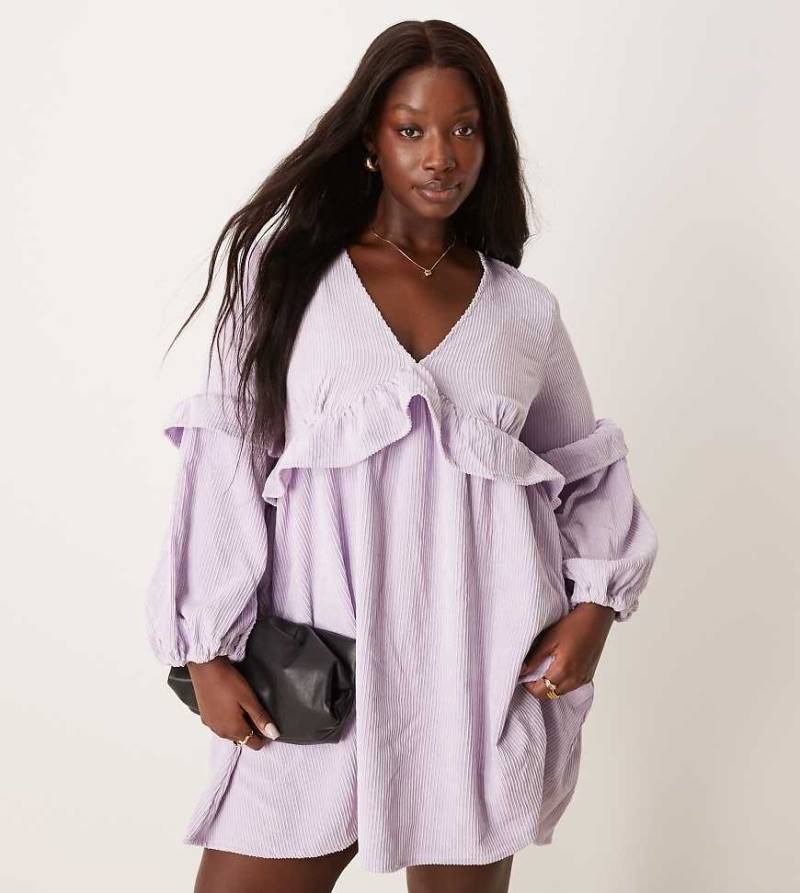 ASOS DESIGN Curve - Hänger-Minikleid aus Cord in Flieder mit Rüschendetail-Lila von ASOS Curve