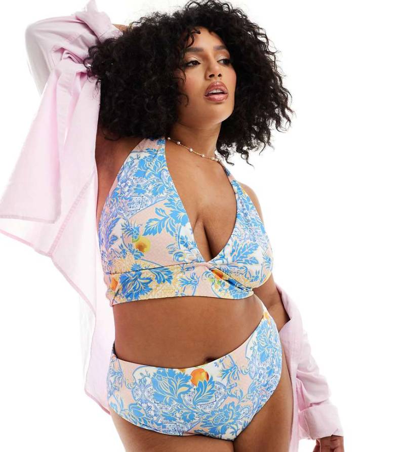ASOS DESIGN Curve - Hailey - Triangel-Bikinioberteil mit hohem Trägeransatz und Barockmuster-Bunt von ASOS Curve