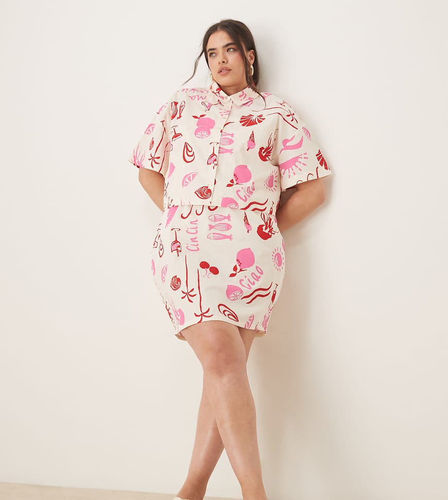 ASOS DESIGN Curve - Hemd aus Popeline mit Conversational-Print, Kombiteil-Bunt von ASOS Curve