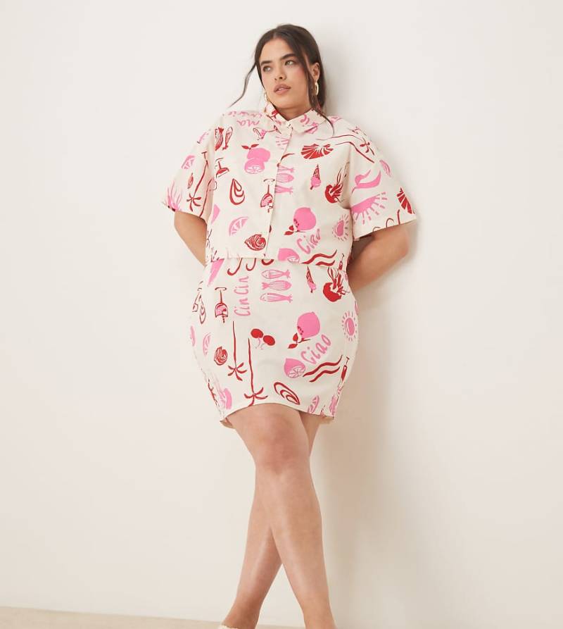 ASOS DESIGN Curve - Hemd aus Popeline mit Conversational-Print, Kombiteil-Bunt von ASOS Curve