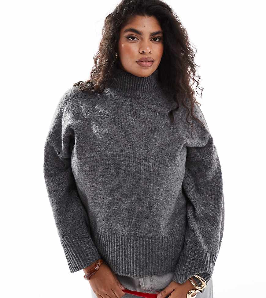 ASOS DESIGN Curve - Hochgeschlossener Strickpullover in Anthrazit mit umgeschlagenen Bündchen-Grau von ASOS Curve
