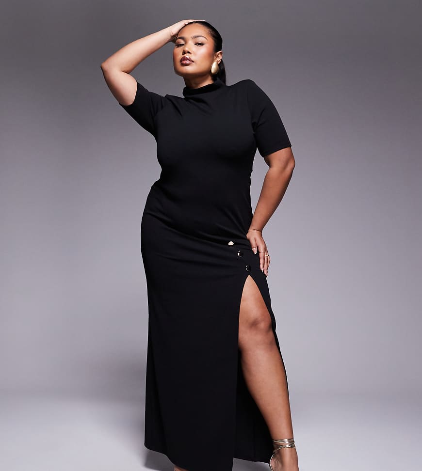 ASOS DESIGN Curve - Hochgeschlossenes, kurzärmliges Maxi-Bleistiftkleid in Schwarz mit Schlitz mit großen goldfarbenen Knöpfen ASOS DESIGN Curve - Hochgeschlossenes, kurzärmliges Maxi-Bleistiftkleid in Schwarz mit Schlitz mit großen goldfarbenen Knöpfen von ASOS Curve