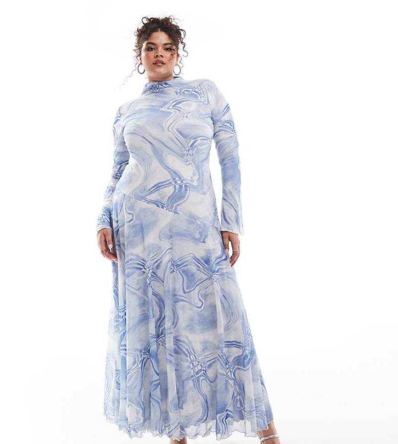 ASOS DESIGN Curve - Hochgeschlossenes, langärmliges Netzstoff-Maxikleid mit A-Linien-Schnitt und abstraktem Muster in Blau-Bunt von ASOS Curve