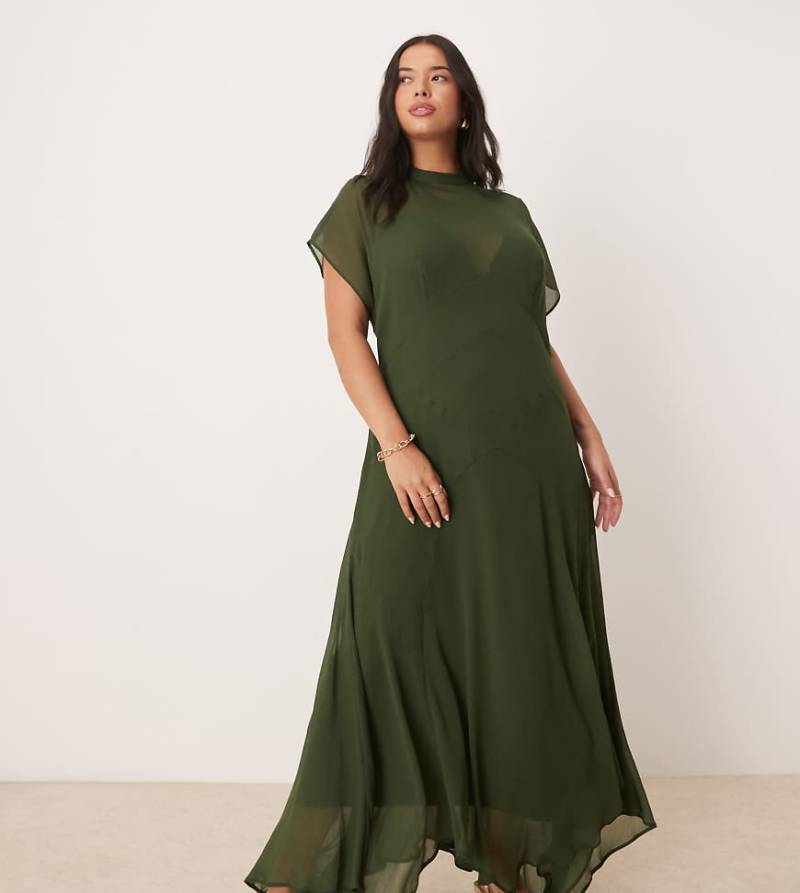 ASOS DESIGN Curve - Hochgeschlossenes Chiffon-Maxikleid in dunklem Moosgrün mit Zipfelsaum-Marineblau von ASOS Curve