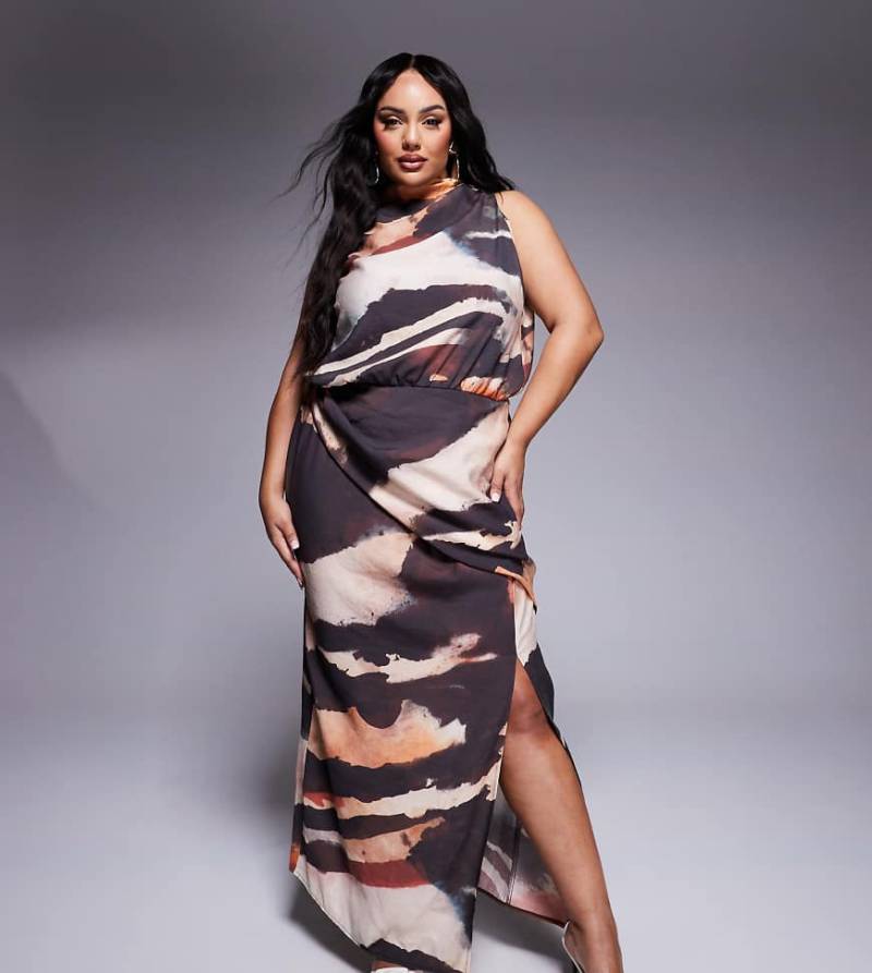 ASOS DESIGN Curve - Hochgeschlossenes Maxi-Wickelkleid mit dunklem abstraktem Muster-Bunt von ASOS Curve
