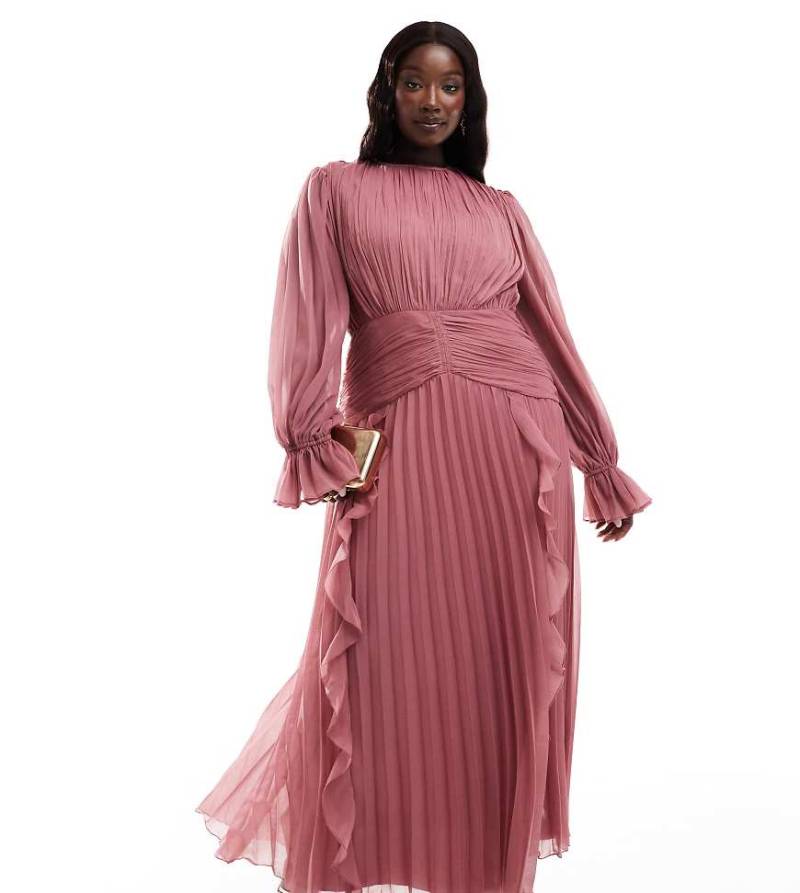 ASOS DESIGN Curve - Hochgeschlossenes Maxikleid in Altrosa mit Raffung und Gürteldetail von ASOS Curve