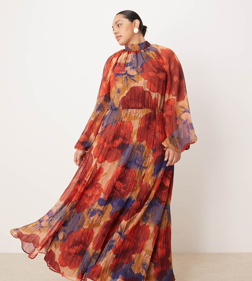 ASOS DESIGN Curve - Hochgeschlossenes Maxikleid in Rot und Blau geblümt mit Knitteroptik und Blousonärmeln-Bunt von ASOS Curve