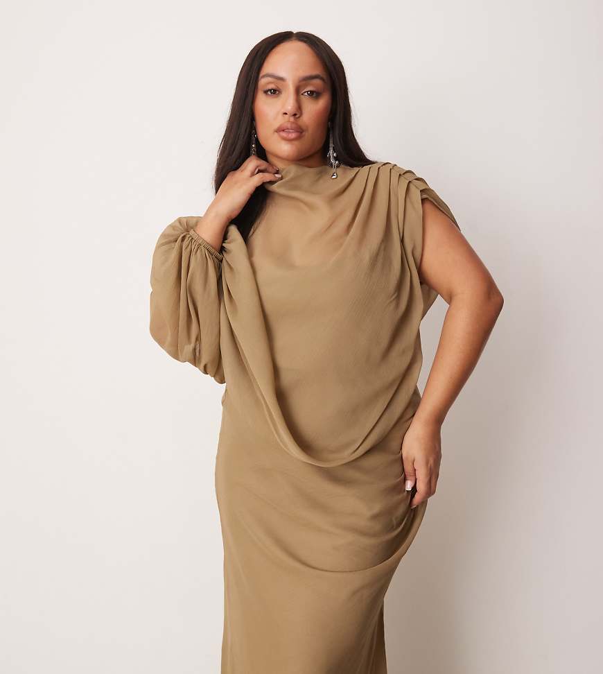 ASOS DESIGN Curve - Hochgeschlossenes Maxikleid in Taupe mit asymmetrisch drapiertem Dekolleté und Zierausschnitt-Neutral ASOS DESIGN Curve - Hochgeschlossenes Maxikleid in Taupe mit asymmetrisch drapiertem Dekolleté und Zierausschnitt-Neutral von ASOS Curve