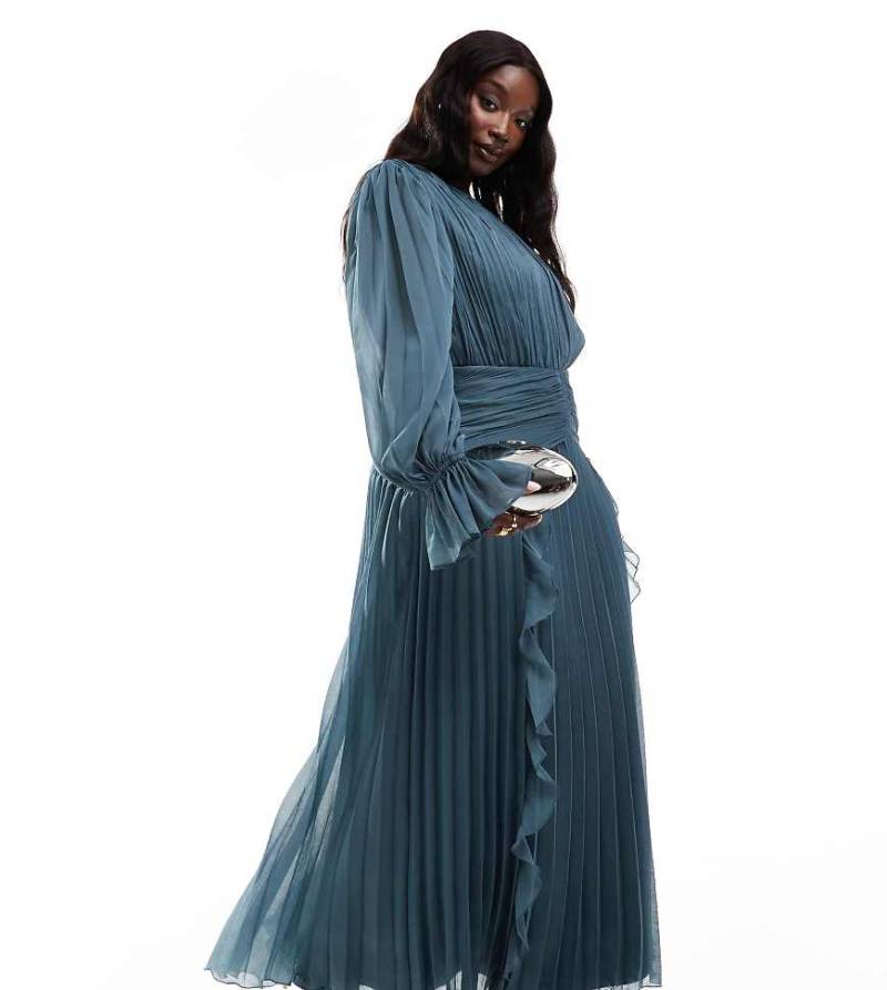 ASOS DESIGN Curve - Hochgeschlossenes Maxikleid in dunklem Schieferblau mit Raffung und Gürteldetail von ASOS Curve