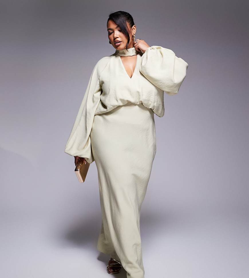 ASOS DESIGN Curve - Hochgeschlossenes Maxikleid in zartem Grün mit tiefem Ausschnitt und Blousonärmeln von ASOS Curve