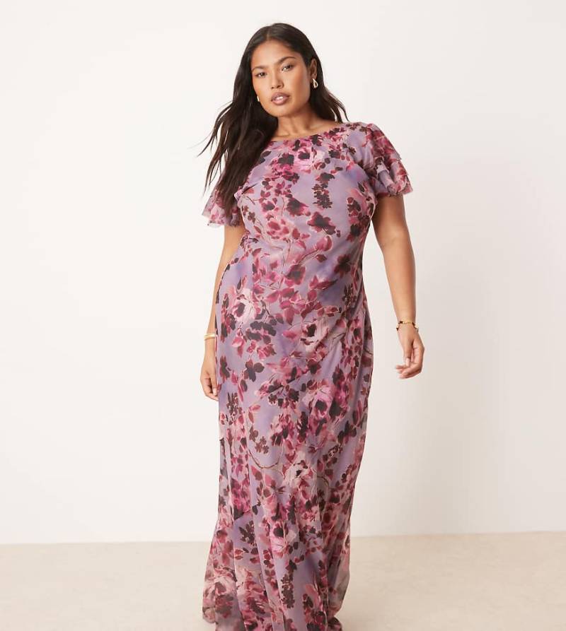 ASOS DESIGN Curve - Hochgeschlossenes Maxikleid mit Vintage-Blumenmuster und Rüschenärmeln-Bunt von ASOS Curve