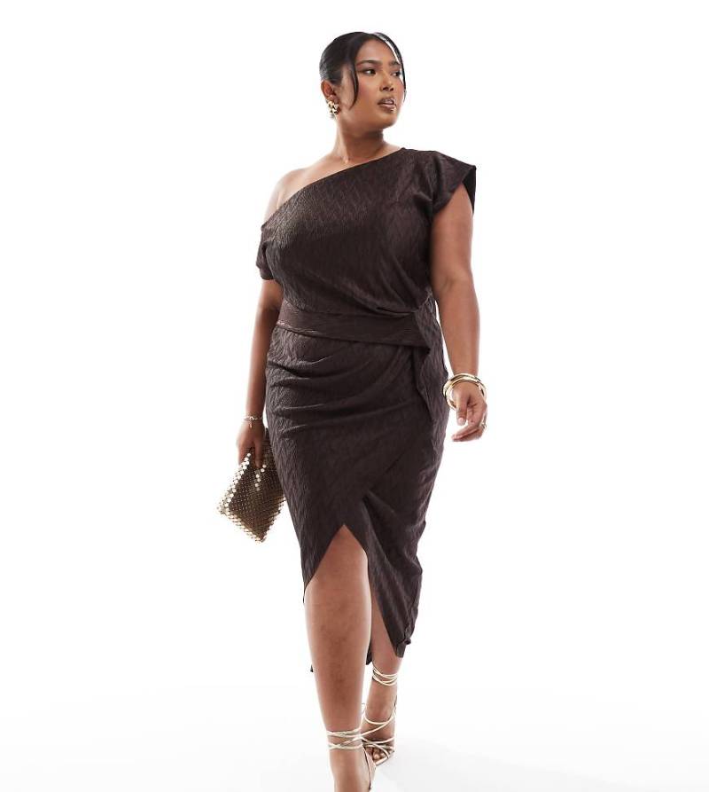 ASOS DESIGN Curve - Hochgeschlossenes Plissee-Midikleid in Schokobraun mit Winkelstreifenmuster und Wasserfallausschnitt hinten-Grau von ASOS Curve