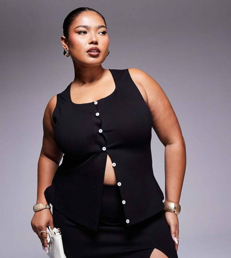 ASOS DESIGN Curve - Hochwertiges Longline-Westenoberteil aus Ponté in Schwarz ASOS DESIGN Curve - Hochwertiges Longline-Westenoberteil aus Ponté in Schwarz von ASOS Curve