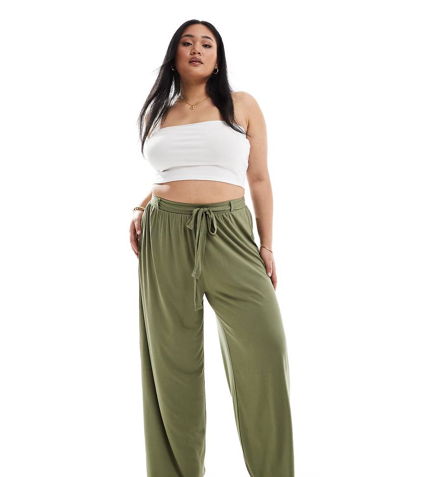 ASOS DESIGN Curve - Hose in Khaki mit weitem Bein und Bindegürtel-Grün von ASOS Curve