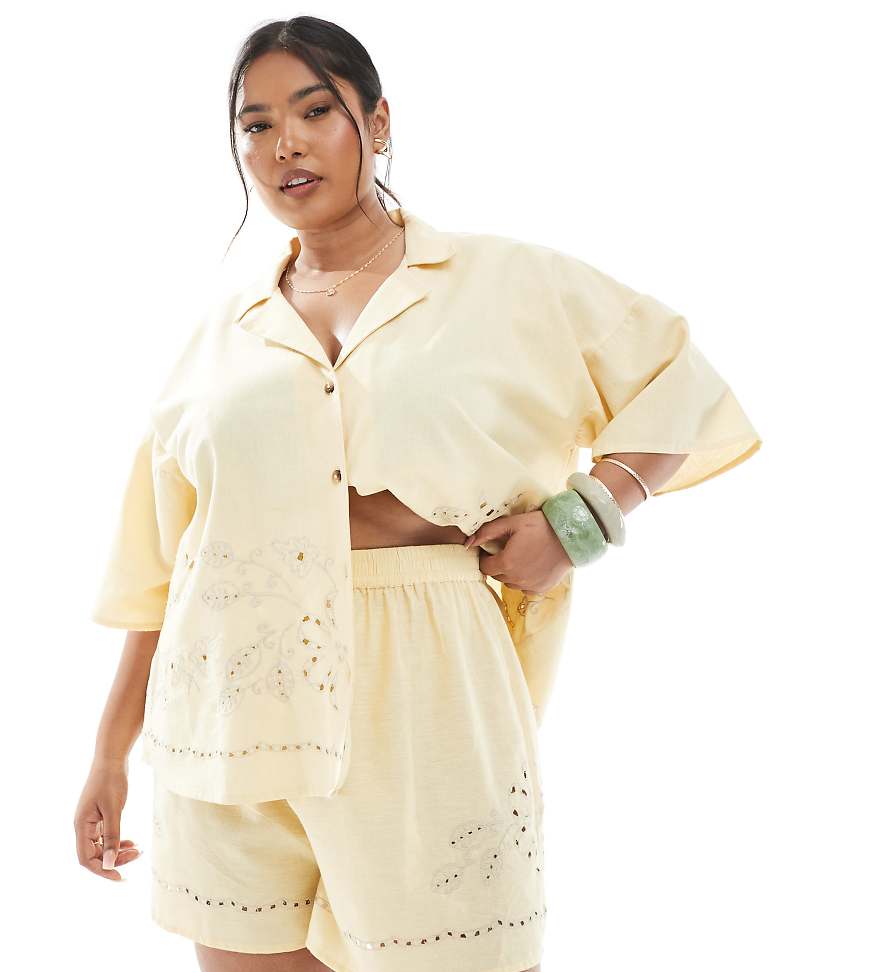 ASOS DESIGN Curve - Hose in Strohgelb mit Lochstickerei, Kombiteil von ASOS Curve