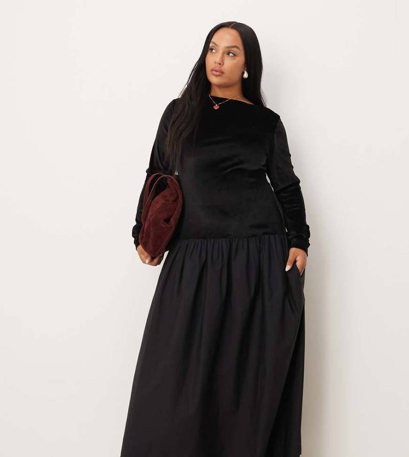 ASOS DESIGN Curve - Hybrid-Maxikleid aus Samt in Mitternachtsschwarz mit Popeline-Rock von ASOS Curve