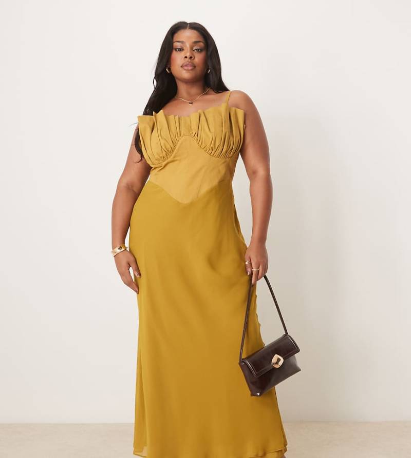 ASOS DESIGN Curve - Hybrid-Midaxikleid in Ocker mit Korsettdetail und Schrägschnitt-Gelb von ASOS Curve
