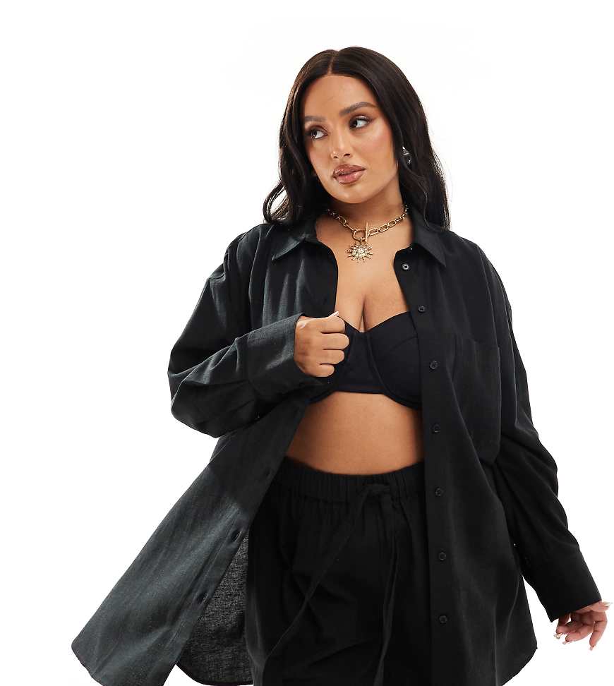 ASOS DESIGN Curve - Isabel - Mix and Match - Oversize-Strandhemd in Blau aus Leinen-Imitat-Schwarz von ASOS Curve