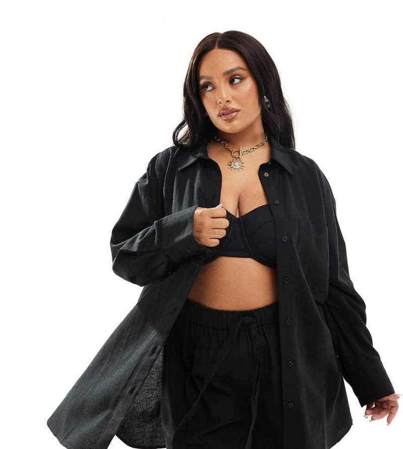 ASOS DESIGN Curve - Isabel - Mix and Match - Oversize-Strandhemd in Blau aus Leinen-Imitat-Schwarz von ASOS Curve